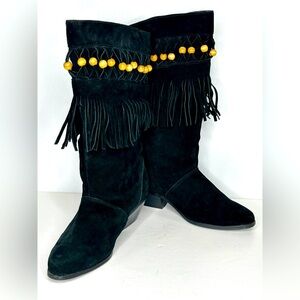 A. J. VALENCI Black Suede Fringe Beads Boots Almond Toe Stacked Heel Western Sz9